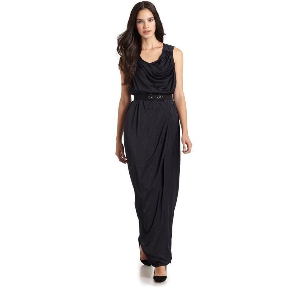$328 BCBG MaxAzria Dark Navy Satin Blouson Maxi Gown Missing Belt 4 NEW B010